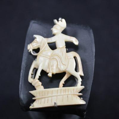 Antique/Vintage Sterling & Carved Bone Horseman Brooch 6.8g