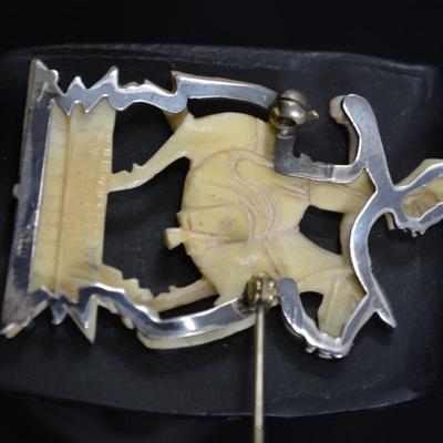 Antique/Vintage Sterling & Carved Bone Horseman Brooch 6.8g