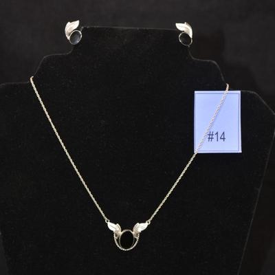 Matching Sterling Necklace & Screw-On Earrings w/ Onyx 16”, 7.5g