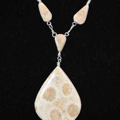 Sterling Wire Chrysanthemum Coral Necklace & Earrings 20” 31.8g