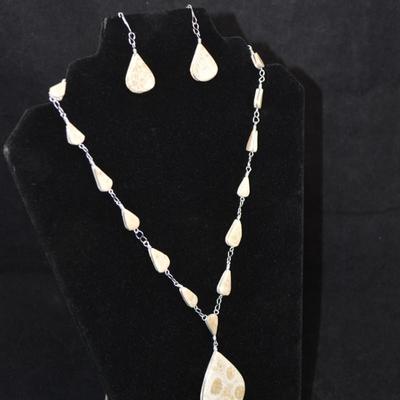 Sterling Wire Chrysanthemum Coral Necklace & Earrings 20” 31.8g