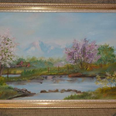 Original Acrylic Landscape on Canvas in Gold Painted Wood Frame