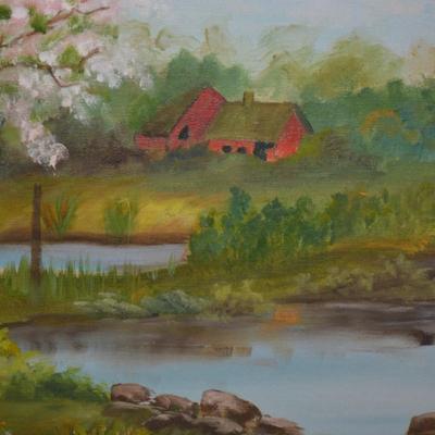 Original Acrylic Landscape on Canvas in Gold Painted Wood Frame