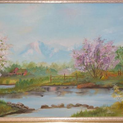 Original Acrylic Landscape on Canvas in Gold Painted Wood Frame