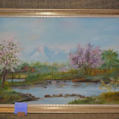 Original Acrylic Landscape on Canvas in Gold Painted Wood Frame