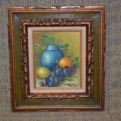 Vintage Vibrant Fruit Still Life Signed Vasquez in Ornate Wood Frame