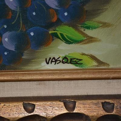 Vintage Vibrant Fruit Still Life Signed Vasquez in Ornate Wood Frame