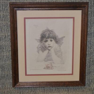 Vintage Angel Cupid In Trouble Framed & Matted Lithograph F.M. Spiegle