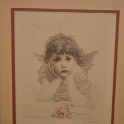 Vintage Angel Cupid In Trouble Framed & Matted Lithograph F.M. Spiegle