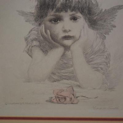 Vintage Angel Cupid In Trouble Framed & Matted Lithograph F.M. Spiegle
