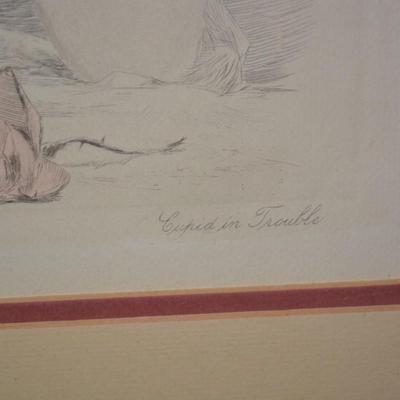 Vintage Angel Cupid In Trouble Framed & Matted Lithograph F.M. Spiegle