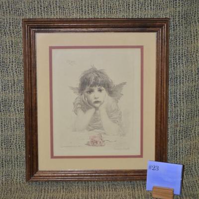 Vintage Angel Cupid In Trouble Framed & Matted Lithograph F.M. Spiegle