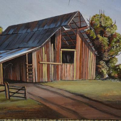 Small Original Acrylic on Canvas Barn, Signed by Artist