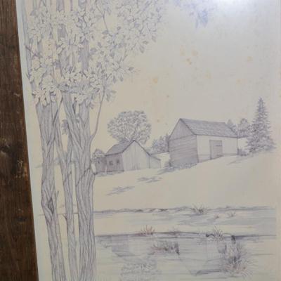 Vintage Landscape Print in Very Vintage Wood Frame 34.75”x17.75”