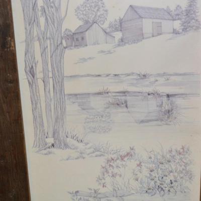 Vintage Landscape Print in Very Vintage Wood Frame 34.75”x17.75”