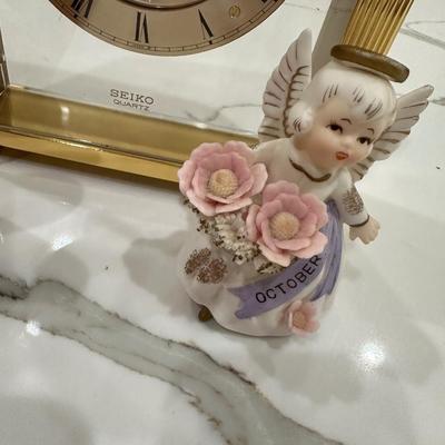 Gold Seiko Clock, October figurine and candleholder