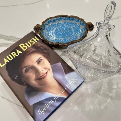 Glass and pottery Decor and Laura Bush book