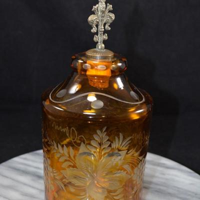 Vintage Bohemian Czech Amber Decanter w/ Stopper 9”