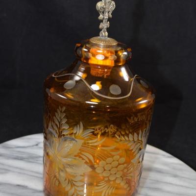 Vintage Bohemian Czech Amber Decanter w/ Stopper 9”