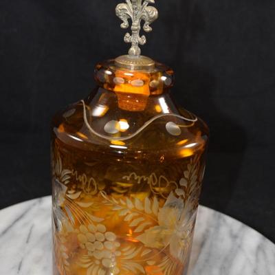 Vintage Bohemian Czech Amber Decanter w/ Stopper 9”