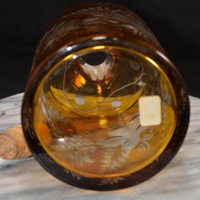 Vintage Bohemian Czech Amber Decanter w/ Stopper 9”