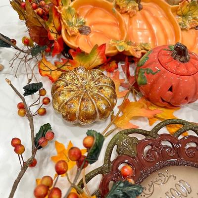 Fall Decor-Decorative plate, Pumpkins, pumpkin dish and Turkeys