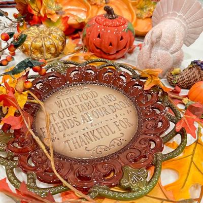 Fall Decor-Decorative plate, Pumpkins, pumpkin dish and Turkeys