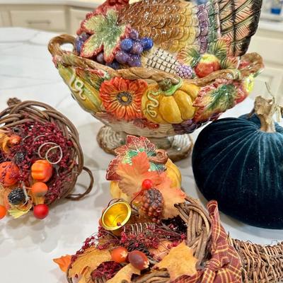 Fall Decor #4 Turkey covered dish, velvet pumpkin, cornucopia
