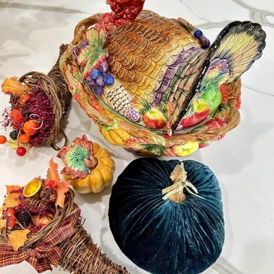 Fall Decor #4 Turkey covered dish, velvet pumpkin, cornucopia