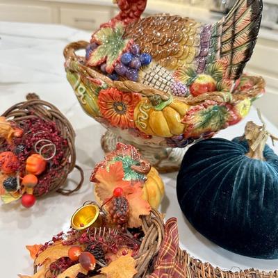 Fall Decor #4 Turkey covered dish, velvet pumpkin, cornucopia