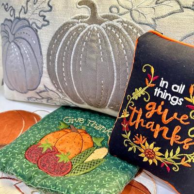 Fall Decor #5. Pumpkin, and thankful pillows and placemats