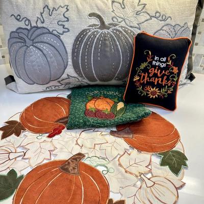 Fall Decor #5. Pumpkin, and thankful pillows and placemats