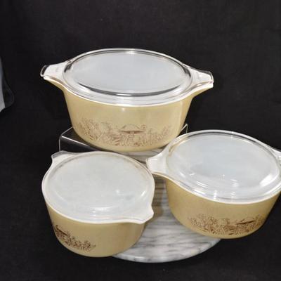 Set of 3 Vintage PYREX ‘Forest Fancies’ Mushroom Casseroles w/ Lids
