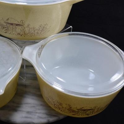 Set of 3 Vintage PYREX ‘Forest Fancies’ Mushroom Casseroles w/ Lids