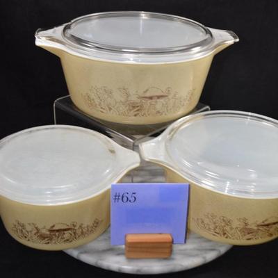 Set of 3 Vintage PYREX ‘Forest Fancies’ Mushroom Casseroles w/ Lids