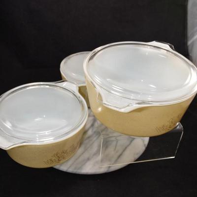 Set of 3 Vintage PYREX ‘Forest Fancies’ Mushroom Casseroles w/ Lids