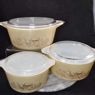Set of 3 Vintage PYREX ‘Forest Fancies’ Mushroom Casseroles w/ Lids