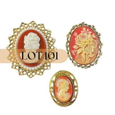 -101- CAMEO | Gold Tone & Colored Brooches
