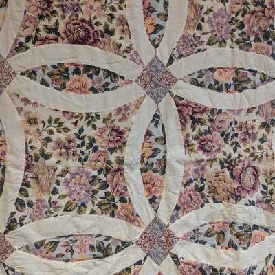 Vintage Double Wedding Ring Hand Pieced Hand Stitched Full Quilt 84"x82"