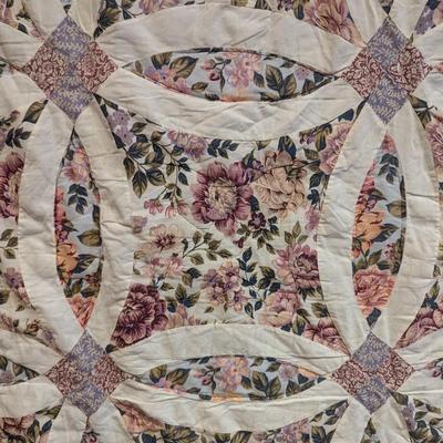 Vintage Double Wedding Ring Hand Pieced Hand Stitched Full Quilt 84"x82"