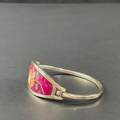 -107- SILVER | Alpaca Mexico Pink Enamel & Sterling Bracelet | Marked