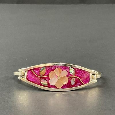 -107- SILVER | Alpaca Mexico Pink Enamel & Sterling Bracelet | Marked