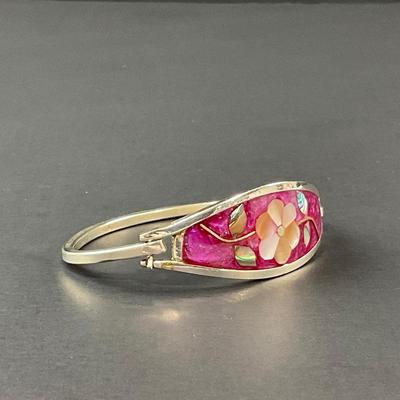 -107- SILVER | Alpaca Mexico Pink Enamel & Sterling Bracelet | Marked