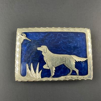 -118- SILVER | Blue & Sterling Silver Hunting Dog & Pheasant Belt Buckle