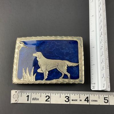 -118- SILVER | Blue & Sterling Silver Hunting Dog & Pheasant Belt Buckle