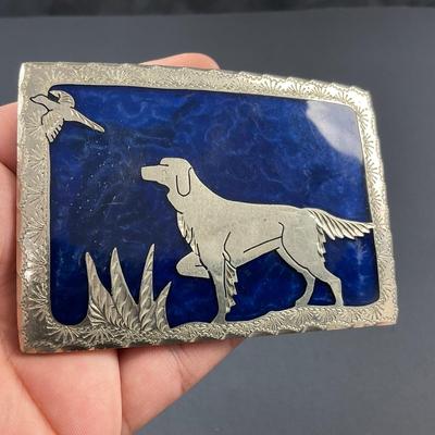 -118- SILVER | Blue & Sterling Silver Hunting Dog & Pheasant Belt Buckle