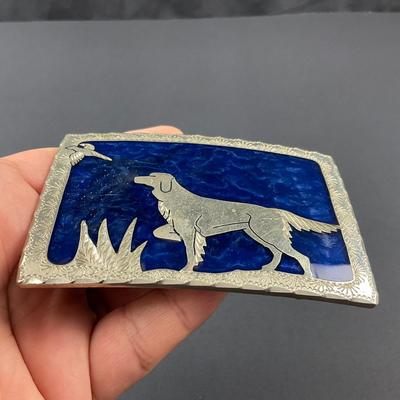 -118- SILVER | Blue & Sterling Silver Hunting Dog & Pheasant Belt Buckle