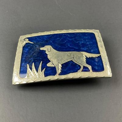 -118- SILVER | Blue & Sterling Silver Hunting Dog & Pheasant Belt Buckle