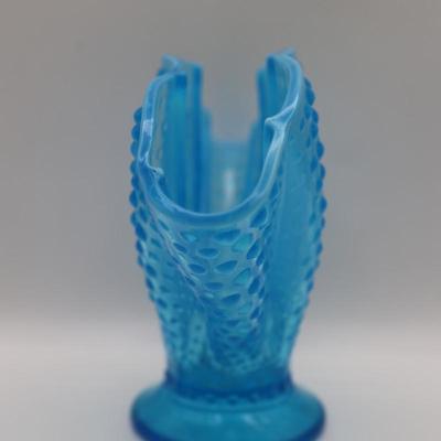 Blue Opalescent Hobnail Fan Vase