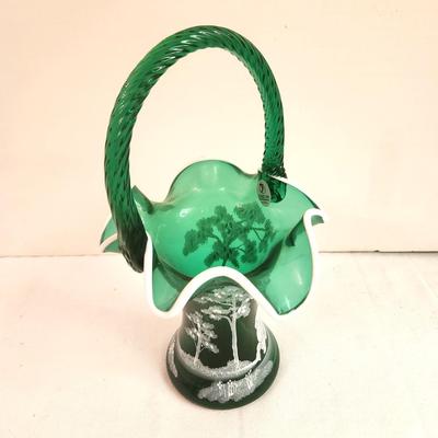 Lot #126 Fenton Art Glass Emerald Green Mary Gregory Style Basket